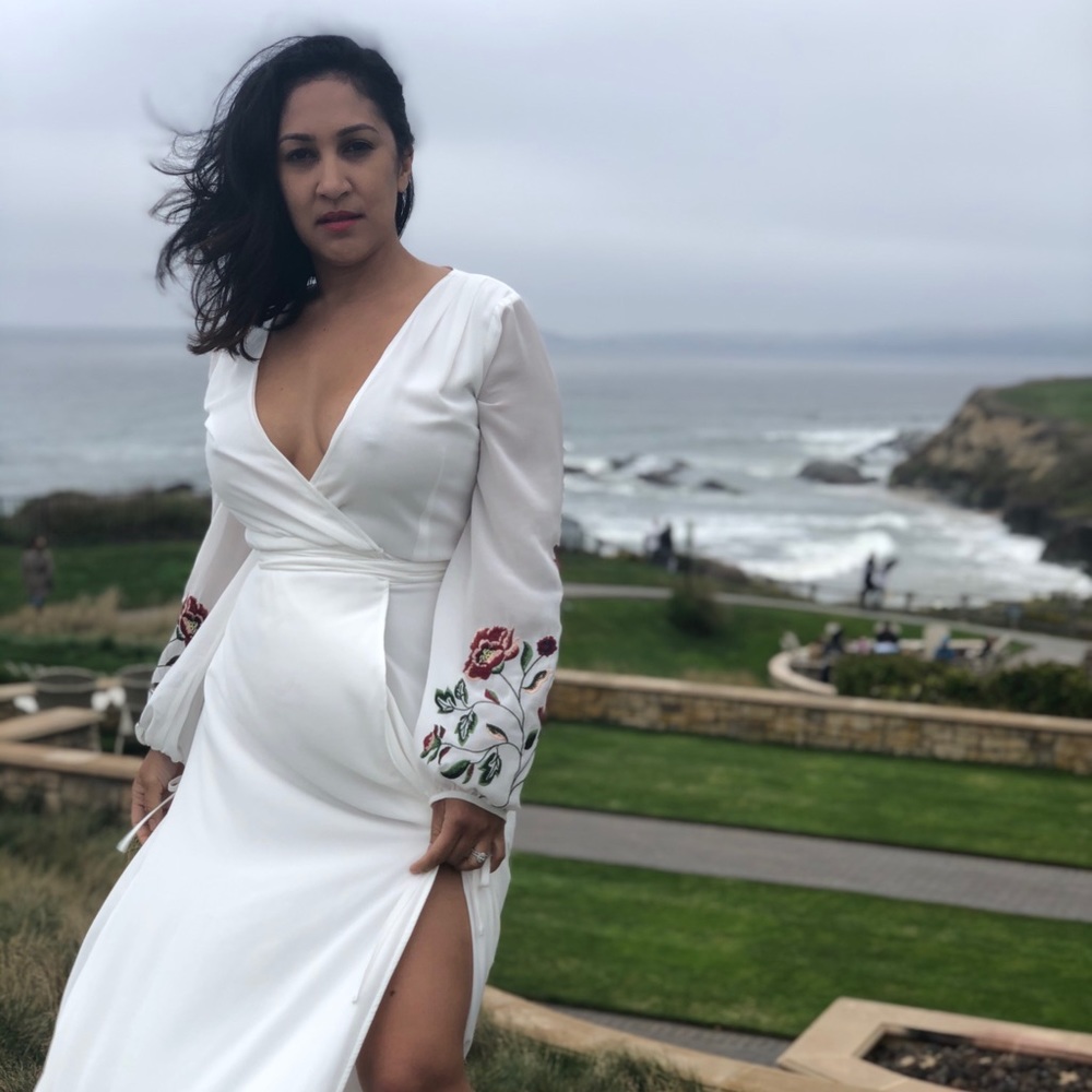 White Embroidered Long Sleeve Wrap Maxi Dress